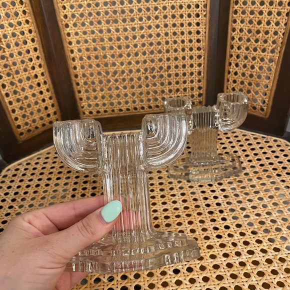 Vintage glass cactus candlestick holders
